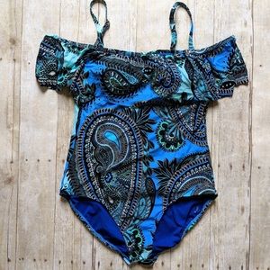 Jantzen Blue Paisley Off Shoulder swimsuit- NWT